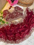 DESIGNER FENDY SATIN EMBROIDERY SEQUENCE WORK HEAVY BORDER WITH BUTTI WORK SAREE WITH STITCHED BLOUSE MAROON