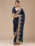 DESIGNER FENDY SATIN EMBROIDERY WORK AND MULTI THREAD WORK WITH ARC CUT WORK BORDER WORK SAREE WITH UNSTITCHED BLOUSE TEAL