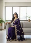 DESIGNER FENDY SATIN EMBROIDERY WORK HEAVY BORDER WITH BUTTA WORK SAREE WITH STITCHED BLOUSE PURPLE