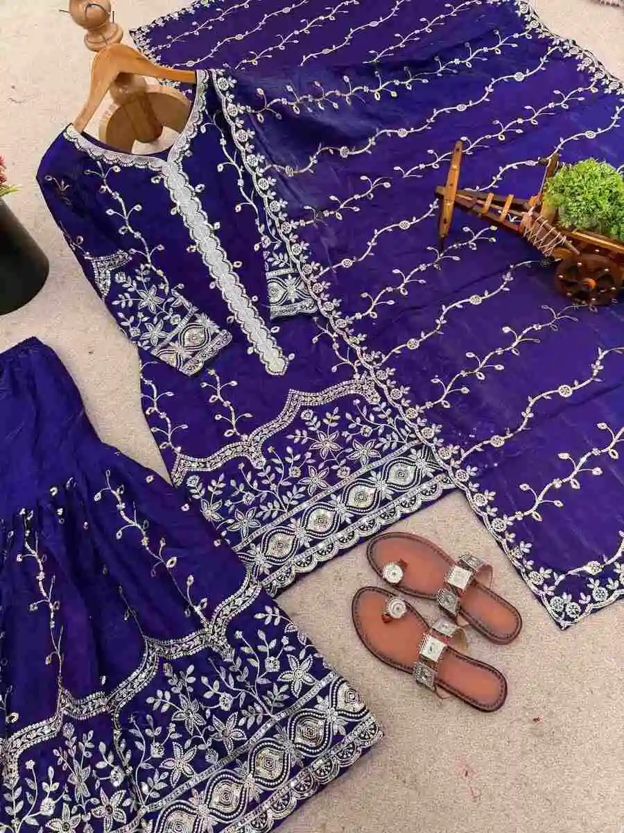 2DESIGNER FENDY SILK EMBROIDERY SEQUENCE WORK TOP SHARARA WITH DUPATTA WEDDING WEAR WHOLESALE PRICE ETHNIC GARMENT (27)