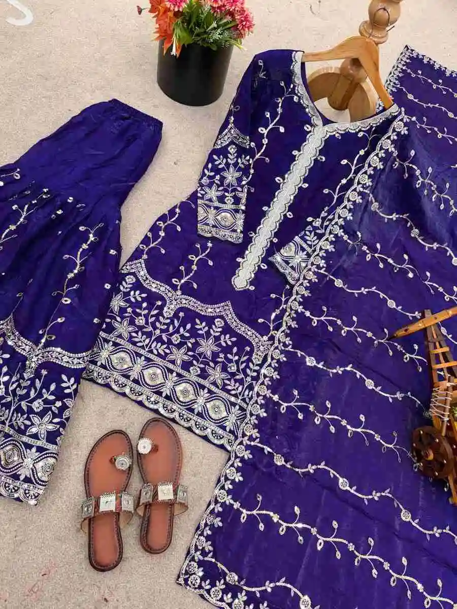 2DESIGNER FENDY SILK EMBROIDERY SEQUENCE WORK TOP SHARARA WITH DUPATTA WEDDING WEAR WHOLESALE PRICE ETHNIC GARMENT (28)