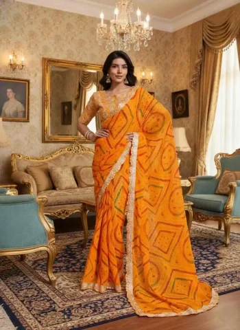 DESIGNER GEORGETTE BANDHEJ PRINT WITH CUTWORK LACE BORDER WORK SAREE WITH UNSTITCHED BLOUSE YELLOW