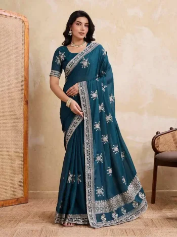 DESIGNER GEORGETTE EMBROIDERY CUTWORK WORK ARC BORDER WORK SAREE WITH UNSTITCHED BLOUSE TEAL