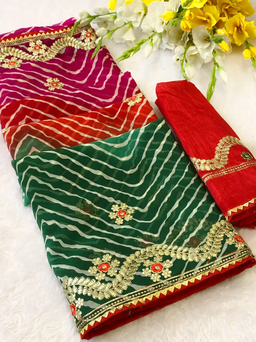 2DESIGNER GEORGETTE LEHRIYA WITH EMBROIDERY CONTRAST PALLU WORK SAREE WITH UNSTITCHED BLOUSE WEDDING WEAR WHOLESALE PRICE ETHNIC GARMENT (7)