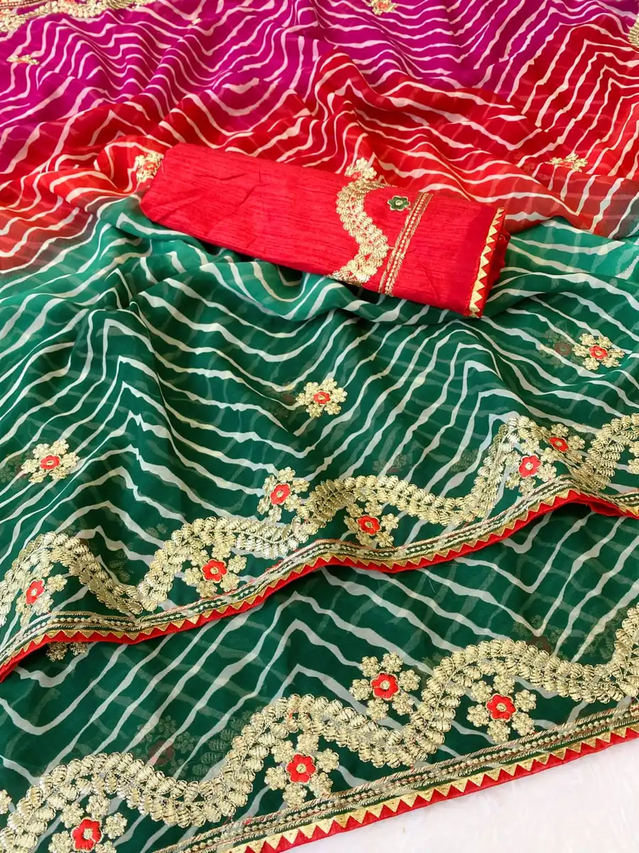 2DESIGNER GEORGETTE LEHRIYA WITH EMBROIDERY CONTRAST PALLU WORK SAREE WITH UNSTITCHED BLOUSE WEDDING WEAR WHOLESALE PRICE ETHNIC GARMENT (8)