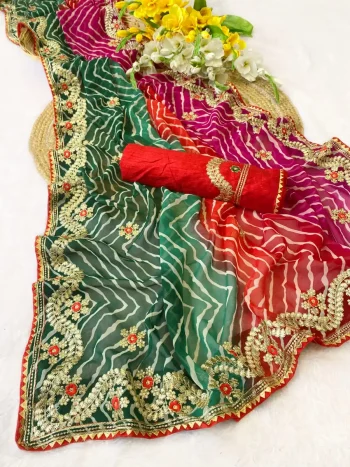DESIGNER GEORGETTE LEHRIYA WITH EMBROIDERY CONTRAST PALLU WORK SAREE WITH UNSTITCHED BLOUSE GREEN AND RED