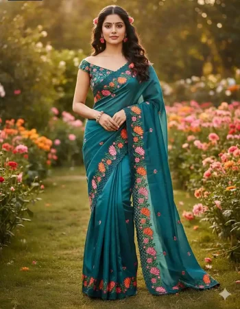 DESIGNER GOLD CRUSH MULTI EMBROIDERY WORK WITH BUTTA AND ARC CUTTING BORDER WORK SAREE WITH UNSTITCHED BLOUSE RAMA