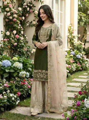 DESIGNER JC SILK EMBROIDERY CODING DORI-SEQUENCE WORK WITH RIVET MOTI WORK TOP SHARARA WITH DUPATTA MEHNDI