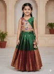 DESIGNER KANJIVARAM SILK ZARI WEAVING WORK KID'S LEHENGA CHOLI GREEN