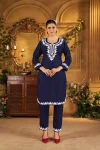 DESIGNER RAYON EMBROIDERY WORK TOP PENT SET NAVY BLUE