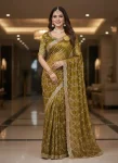 DESIGNER SPACE SILK CUT WORK AND RICH FLOWER SEQUENCE EMBRODERY WORK SAREE WITH UNSTITCHED BLOUSE MUSTARD