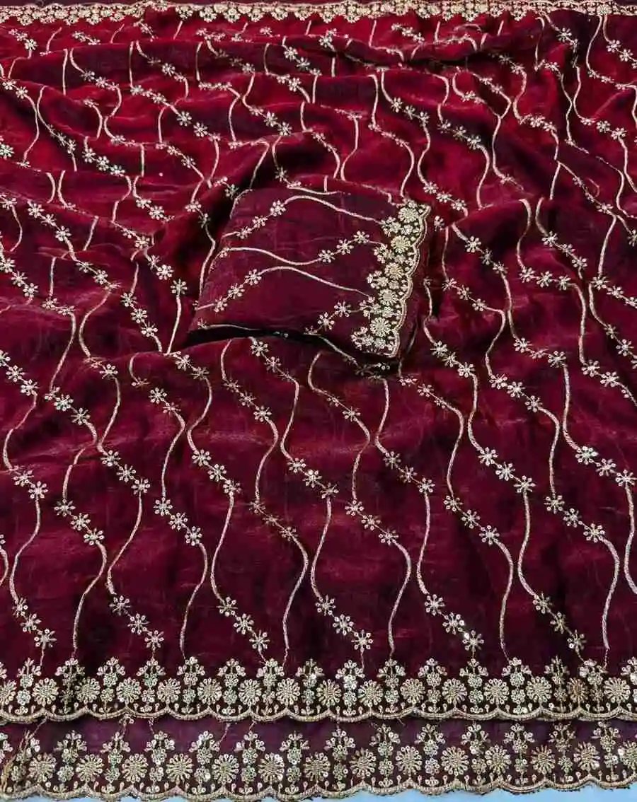 2DESIGNER SPACE SILK SEQUENCE EMBROIDERY WORK WITH CUT BORDER WORK SAREE WITH UNSTITCHED BLOUSE WEDDING WEAR WHOLESALE PRICE ETHNIC GARMENT (11)