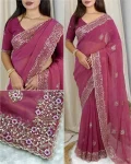 DESIGNER TISSUE CRUSH EMBROIDERY 3+5(DUAL) MM SEQUENCE WORK HEAVY BORDER WITH BUTTI WORK SAREE WITH UNSTITCHED BLOUSE PINK