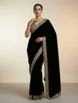 DESIGNER VELVET PLAIN WITH EMBROIDERY SEQUENCE WITH JARI DORI EMBROIDERY WORK BORDER SAREE WITH STITCHED BLOUSE BLACK