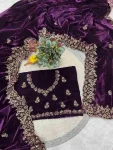 DESIGNER VELVET SEQUENCE & JARI THREAD EMBROIDERY WITH BORDER AND CUTWORK SAREE WITH UNSTITCHED BLOUSE PURPLE