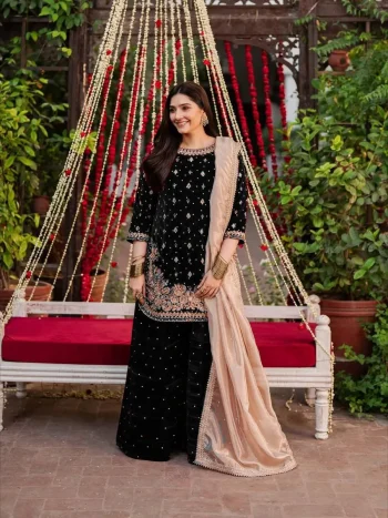 DESIGNER VELVET THREAD & SEQUENCE WORK WITH PEARL WORK TOP PALAZZO WITH DUPATTA BLACK