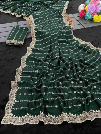 DESIGNER VICHITRA SILK ZARI WORK AND STONE WORK SAREE WITH UNSTITCHED BLOUSE GREEN