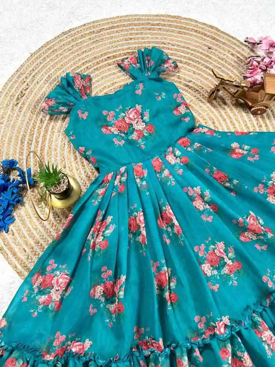 2FANCY CHANDERI FLORAL PRINTED WORK KID'S GOWN FESTIVE WEAR WHOLESALE PRICE ETHNIC GARMENT (1)