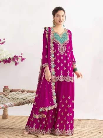 FANCY CHINON SILK EMBROIDERY CODING SEQUENCE WORK WITH HANDS WORKS MIRROR DIAMOND WORK TOP PALAZZO WITH DUPATTA PINK