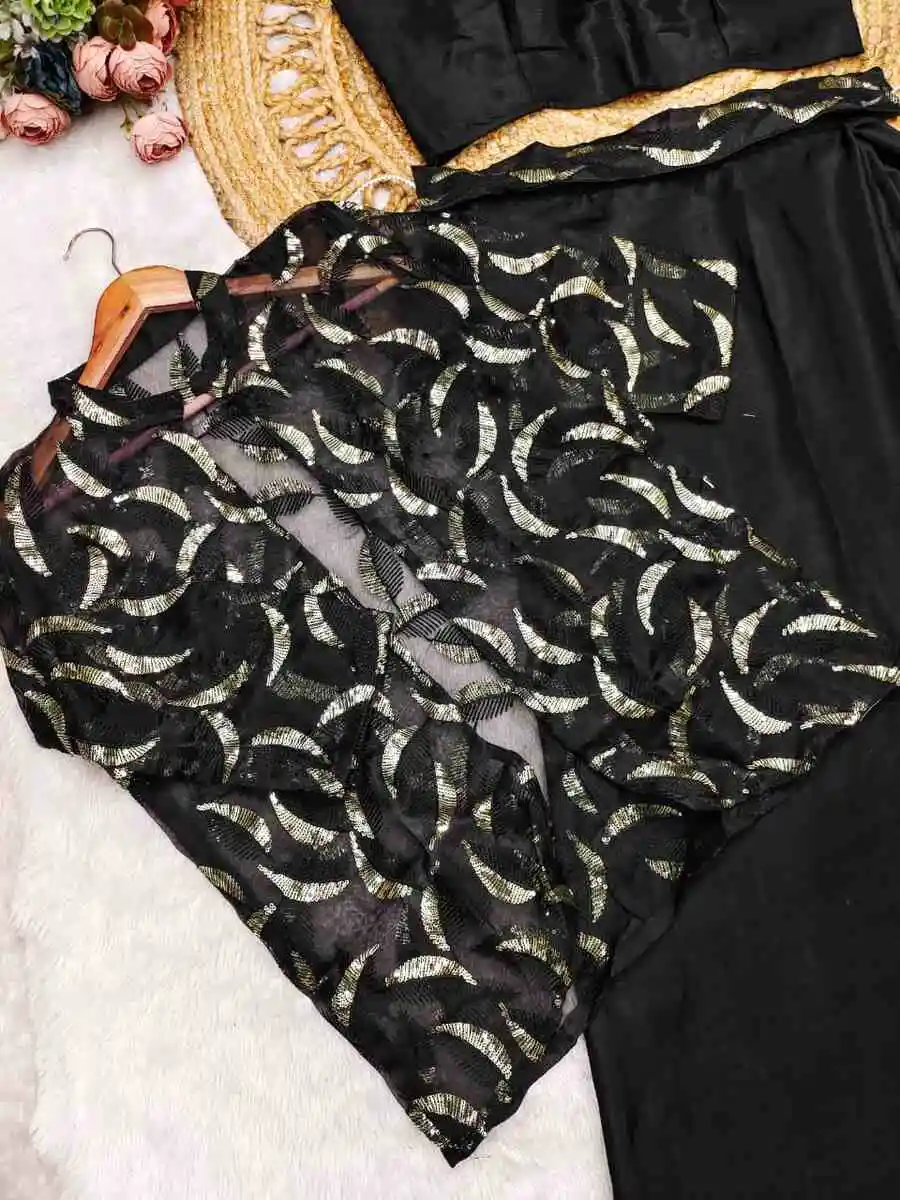 2FANCY CHINON SILK PLAIN READY TO WEAR SAREE AND BLOUSE WITH MULTI-THREAD EMBROIDERY SEQUENCE WORK KOTI PARTY WEAR WHOLESALE PRICE ETHNIC GARMENT (11)