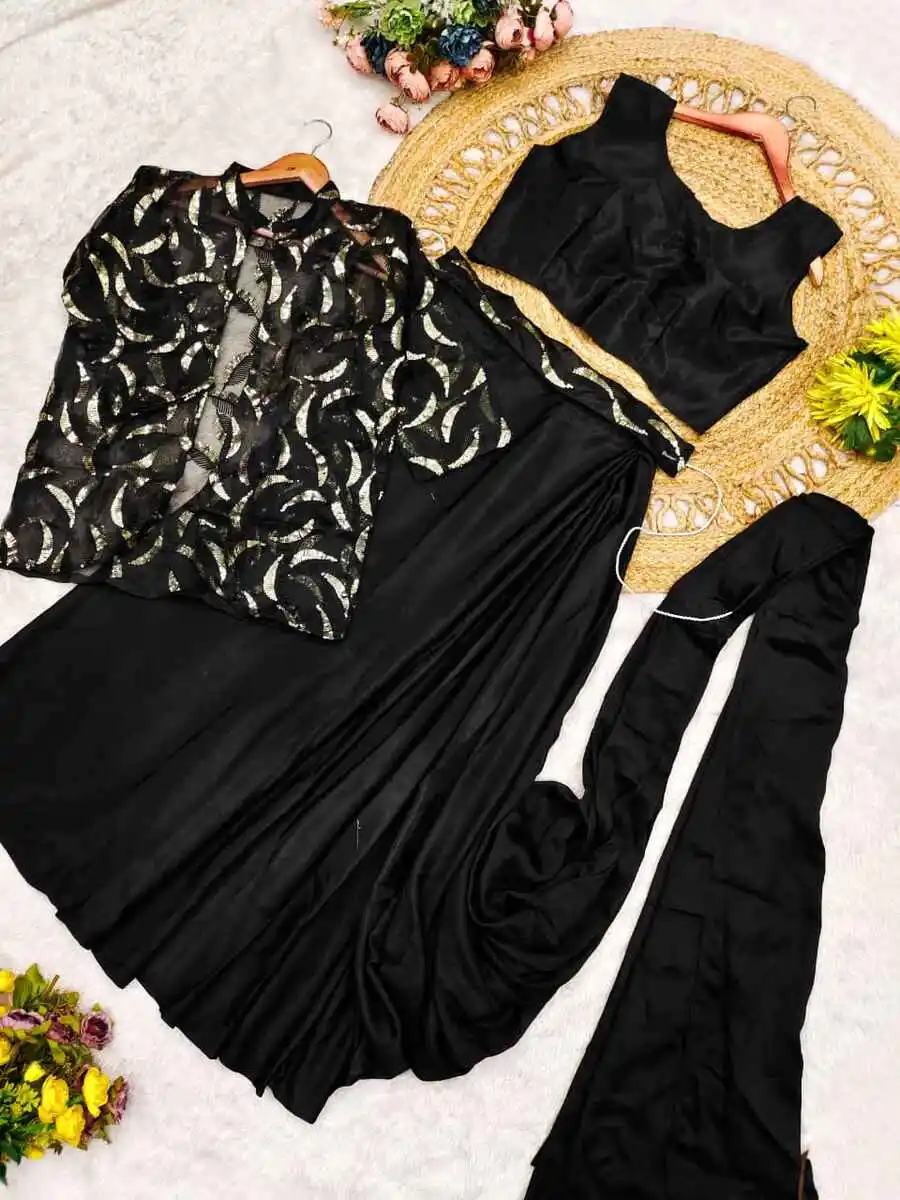 2FANCY CHINON SILK PLAIN READY TO WEAR SAREE AND BLOUSE WITH MULTI-THREAD EMBROIDERY SEQUENCE WORK KOTI PARTY WEAR WHOLESALE PRICE ETHNIC GARMENT (9)