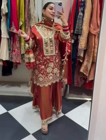 FANCY COSS MOSS REAL MIRROR WITH EMBROIDERY WORK TOP PALAZZO WITH DUPATTA ORANGE