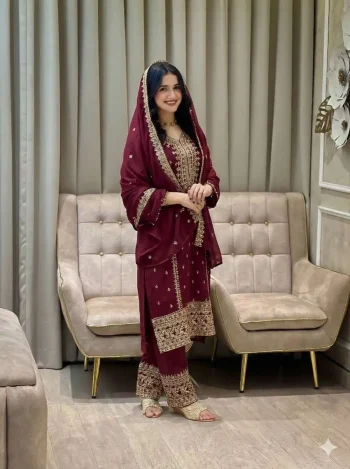 FANCY GEORGETTE EMBROIDERY SEQUENCE WORK TOP BOTTOM WITH DUPATTA MAROON