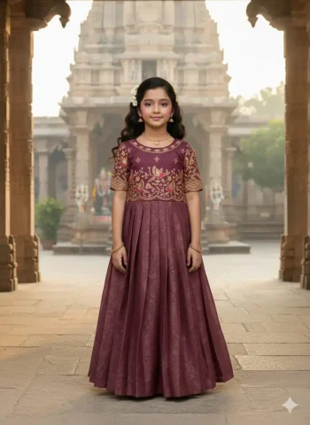 FANCY GEORGETTE SILK EMBROIDERY AND HAND WORK KID'S GOWN WINE