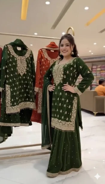 FANCY GMY SILK EMBROIDERY SEQUENCE WORK WITH READY MADE LACE BORDER WORK TOP SHARARA WITH DUPATTA GREEN