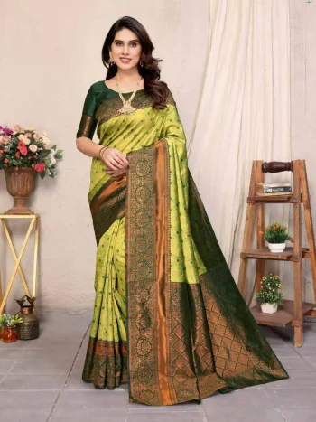 FANCY KANJIVARAM SILK RICH PALLU & JACQUARD WORK SAREE WITH UNSTITCHED BLOUSE LEMON