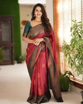 FANCY LICHI SILK RICH PALLU AND JACQUARD BORDER COPPER WORK SAREE WITH UNSTITCHED BLOUSE RED