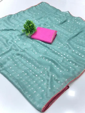 FANCY MOSS BUTTI SILK ZARI BUTTI WITH CONTRAST PALLU EMBROIDERY THREAD PITTA WORK SAREE WITH UNSTITCHED BLOUSE SKY