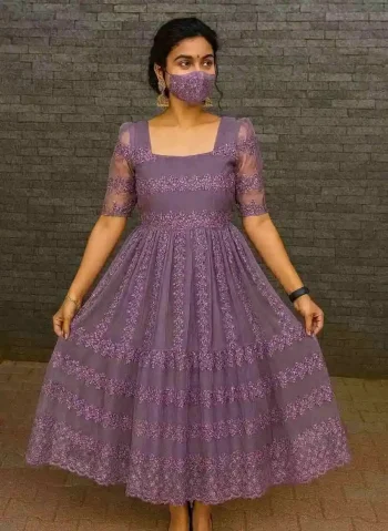 FANCY NET SEQUENCE + FLOWER EMBROIDERY WORK ONE PIECE DRESS PURPLE