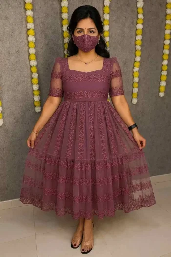 FANCY NET SEQUENCE + FLOWER EMBROIDERY WORK ONE PIECE DRESS CHIKU