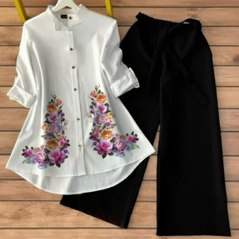 FANCY POLY RAYO PRINT WORK TUNIC TOP WITH PALAZZO BLACK