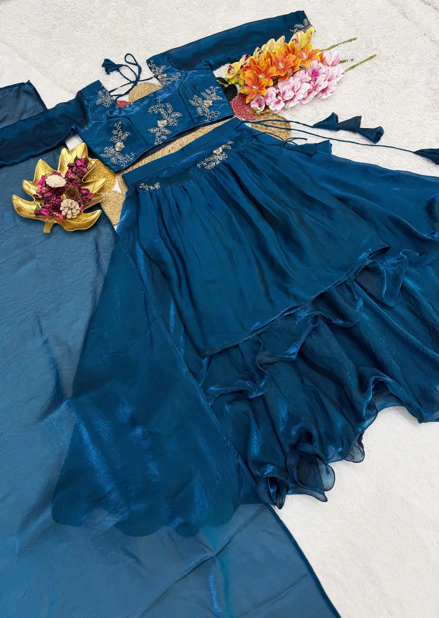 2FANCY SPACE SILK SEQUENCE EMBROIDERY WORK LEHENGA BLOUSE WITH EXTRA FRILLS AND DUPATTA PARTY WEAR WHOLESALE PRICE ETHNIC GARMENT (28)