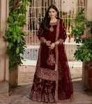 FANCY VELVET EMBROIDERY CHAIN SEQUENCE WORK WITH RIVET MOTI HAND WORK TOP SHARARA WITH DUPATTA MAROON