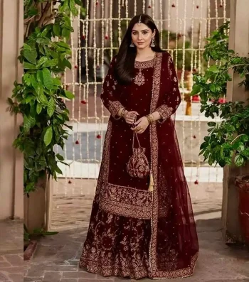 FANCY VELVET EMBROIDERY CHAIN SEQUENCE WORK WITH RIVET MOTI HAND WORK TOP SHARARA WITH DUPATTA MAROON