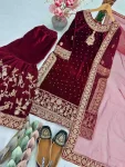 2FANCY VELVET EMBROIDERY CHAIN SEQUENCE WORK WITH RIVET MOTI HAND WORK TOP SHARARA WITH DUPATTA WEDDING WEAR WHOLESALE PRICE ETHNIC GARMENT (2)