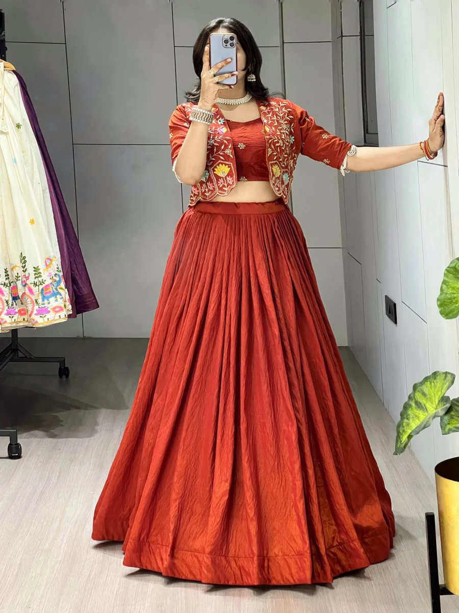 2FANCY VICHITRA PLAIN WITH PLEATING WORK LEHENGA WITH EMBROIDERED BLOUSE AND KOTI PARTY WEAR WHOLESALE PRICE ETHNIC GARMENT (28)