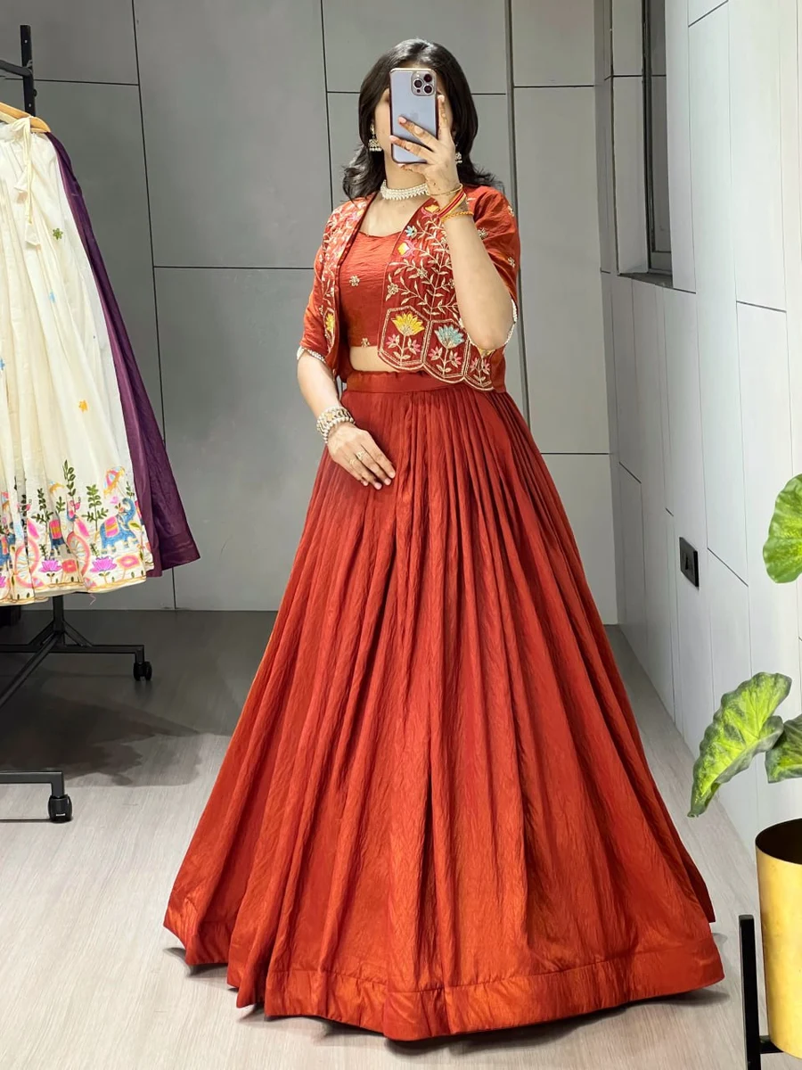 2FANCY VICHITRA PLAIN WITH PLEATING WORK LEHENGA WITH EMBROIDERED BLOUSE AND KOTI PARTY WEAR WHOLESALE PRICE ETHNIC GARMENT (29)