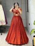 FANCY VICHITRA PLAIN WITH PLEATING WORK LEHENGA WITH EMBROIDERED BLOUSE AND KOTI ORANGE