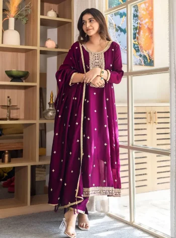 FANCY VICHITRA SILK EMBROIDERY WORK TOP BOTTOM WITH DUPATTA PURPLE