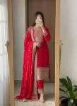 LATEST CHINON SILK SEQUENCE EMBROIDERY WORK TOP BOTTOM WITH DUPATTA RED