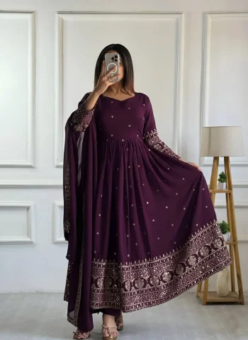 LATEST VICHITRA SILK EMBROIDERY SEQUENCE WORK GOWN BOTTOM WITH DUPATTA PURPLE