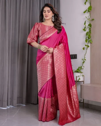 MODERN BANARASI SILK ZARI WOVEN WORK SAREE WITH UNSTITCHED BLOUSE PINK