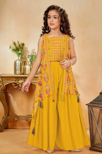 MODERN CREPE EMBROIDERY WORK KID'S BLOUSE KOTI WITH PALAZZO SET YELLOW