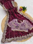 MODERN FENDY SATIN EMBROIDERY SEQUENCE WORK HEAVY BORDER WITH BUTTI WORK SAREE WITH STITCHED BLOUSE WINE