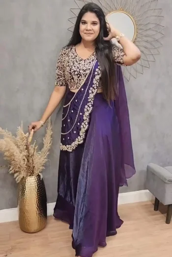 MODERN FENDY SATIN EMBROIDERY SEQUENCE WORK LEHENGA CHOLI WITH DUPATTA PURPLE