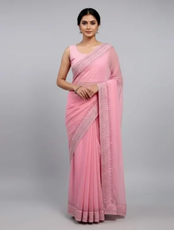 MODERN GEORGETTE HOTFIX WORK SAREE WITH UNSTITCHED BLOUSE BABY PINK